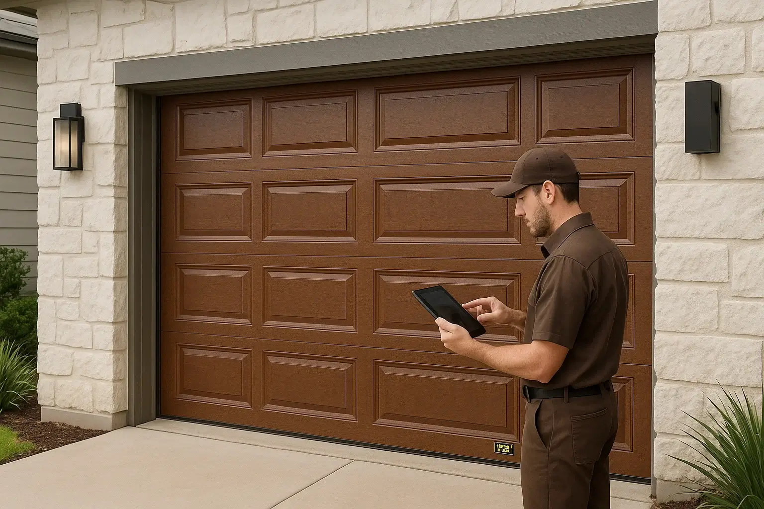 Technician in brown uniform servicing Wayne Dalton garage door