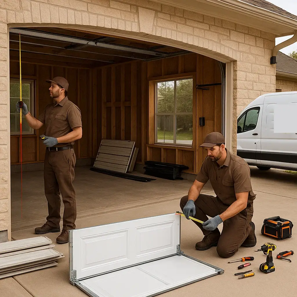 Technician repairing sectional garage door with safety sensor check in Kyle Texas