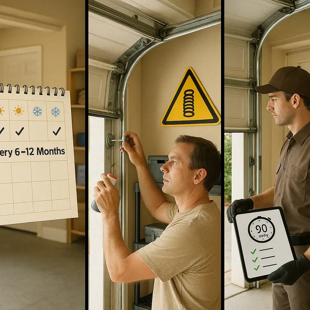 Visual guide showing garage door maintenance frequency, DIY vs pro tasks, and visit duration