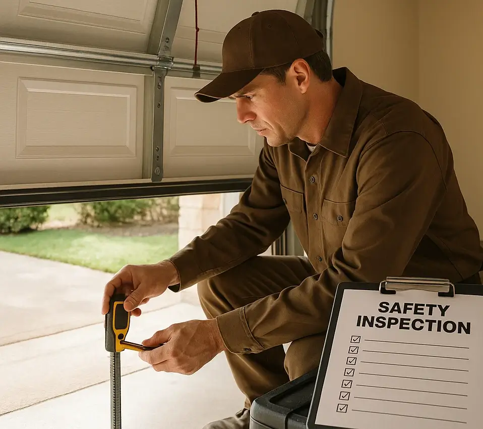 Technician inspecting garage door springs and cables during yearly maintenance in Kyle Texas