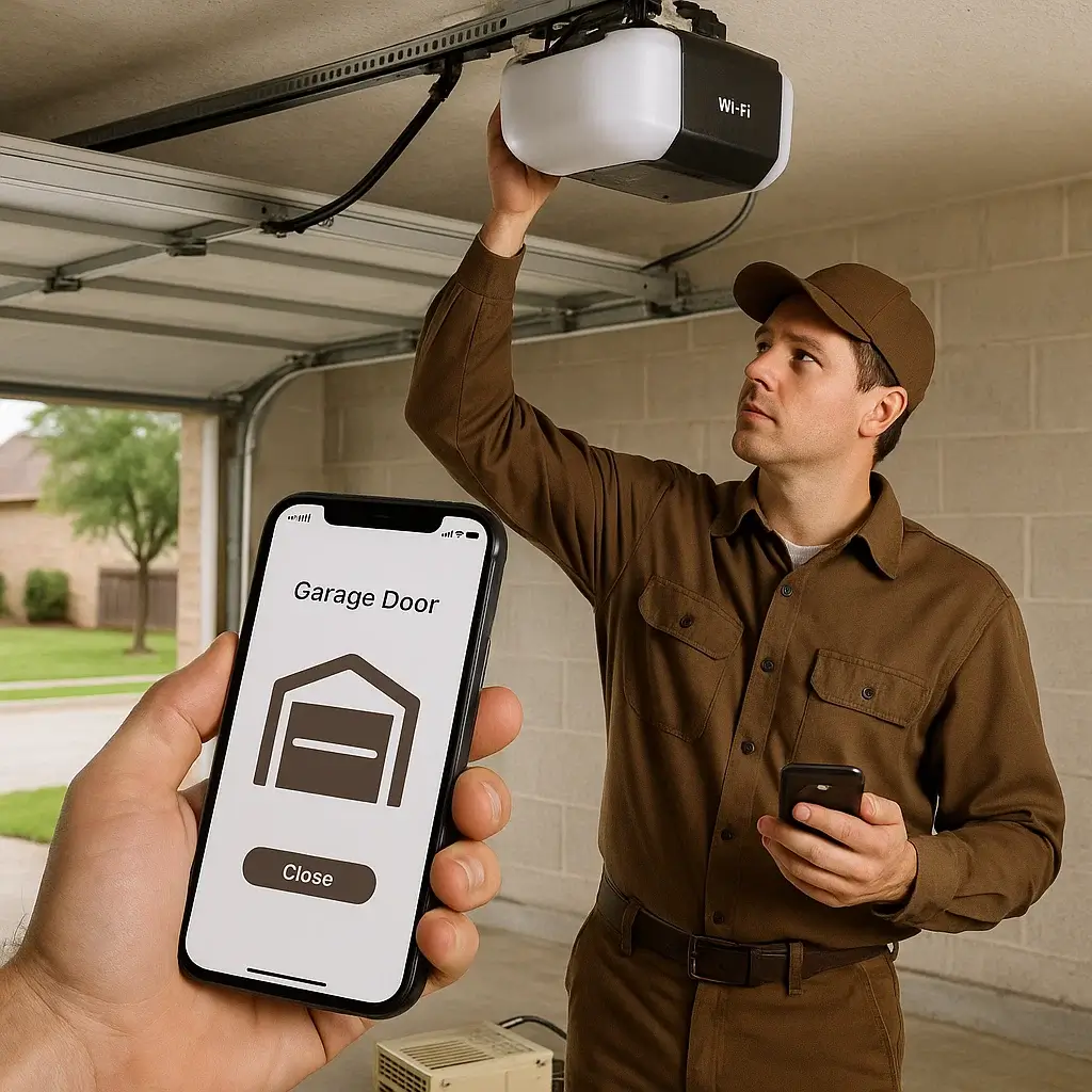 Technician setting up smart garage door opener controlled by smartphone in Driftwood Texas