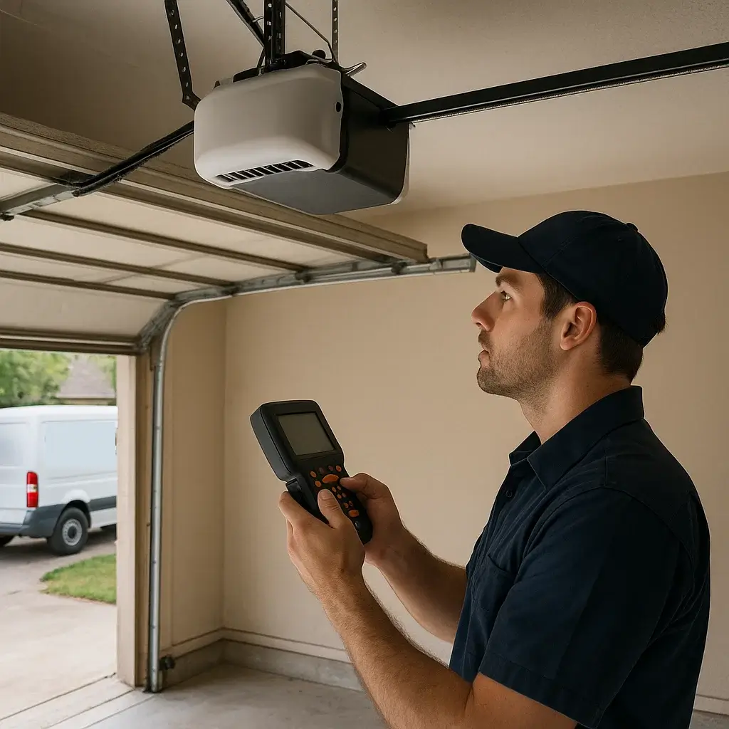 Garage door specialist installing opener system with proper track alignment in Kyle Texas