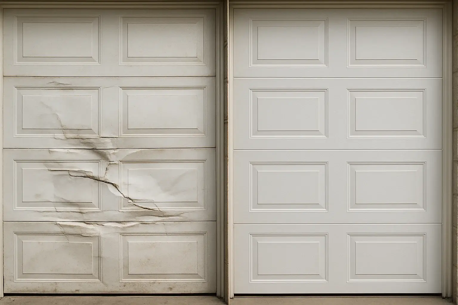 Before and after garage door panel replacement by technician in Austin TX