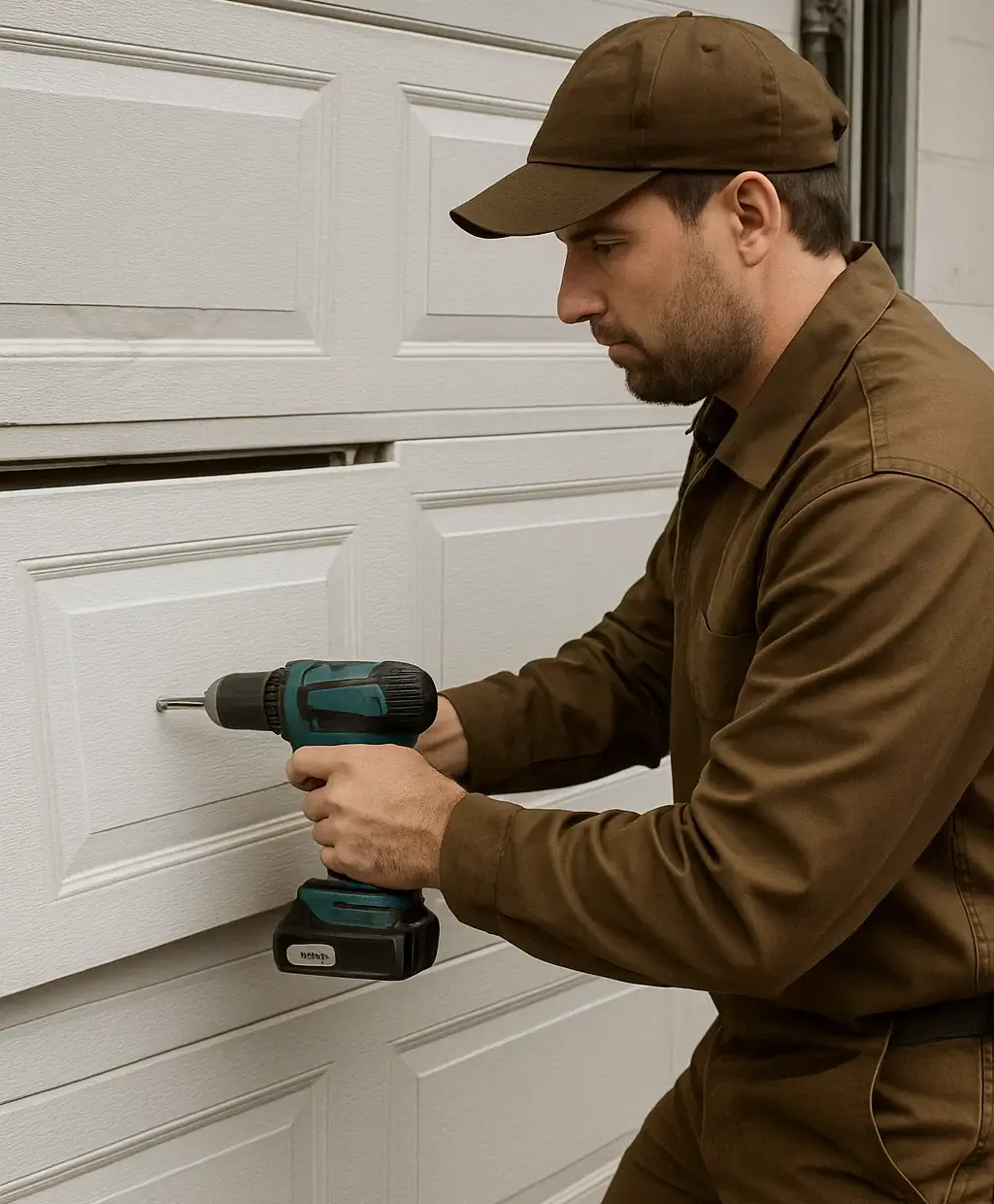 Technician replacing one damaged garage door panel in Austin