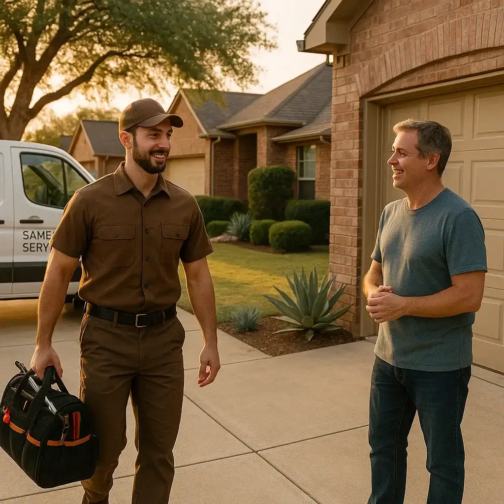 Technician providing emergency garage door repair in Round Rock TX with tools for fixing broken springs and jammed doors