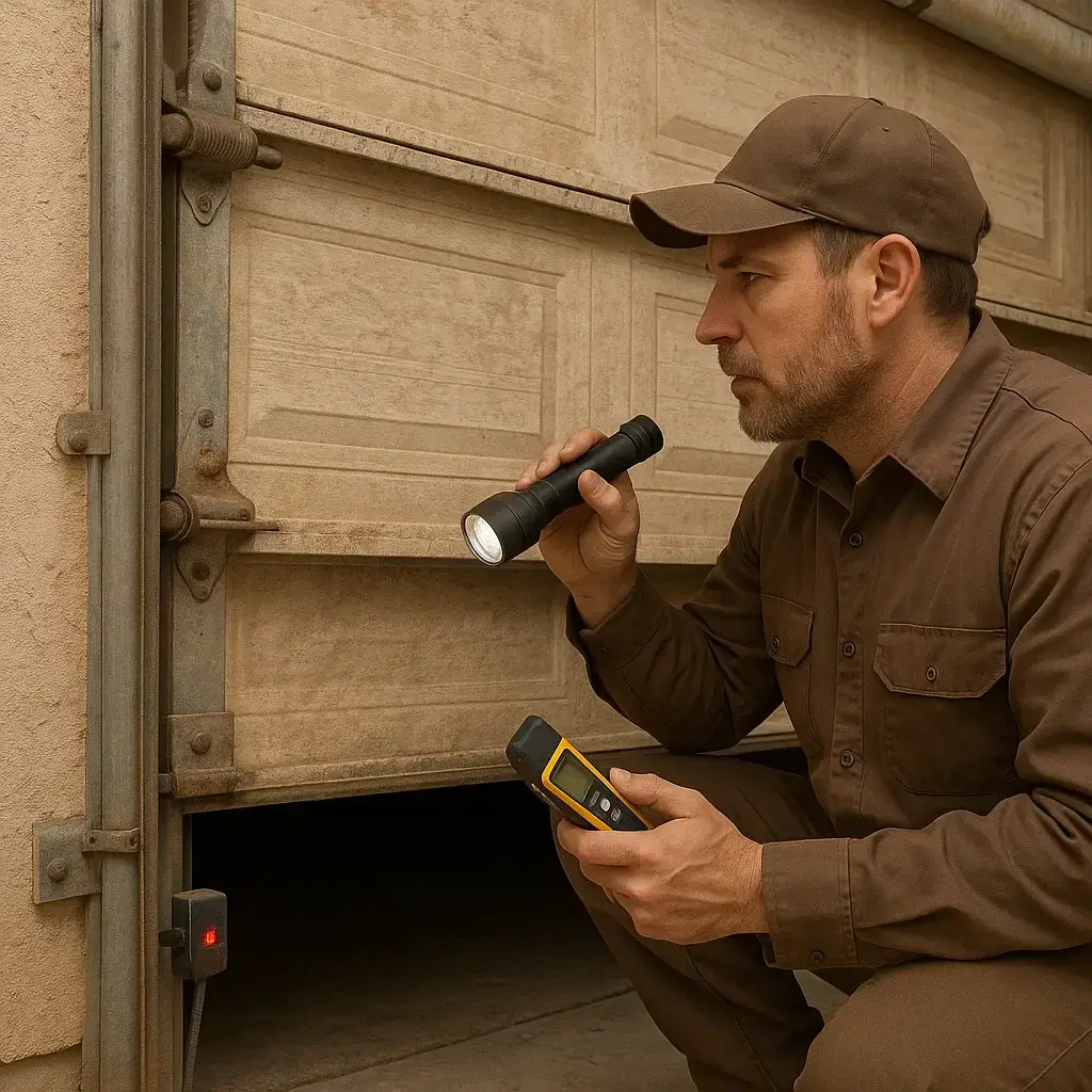 Technician repairing a roll up garage door with durable parts in Driftwood Texas