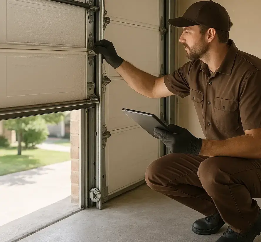 Technician repairing industrial rolling garage door near Ranch Road 620 in Lakeway TX