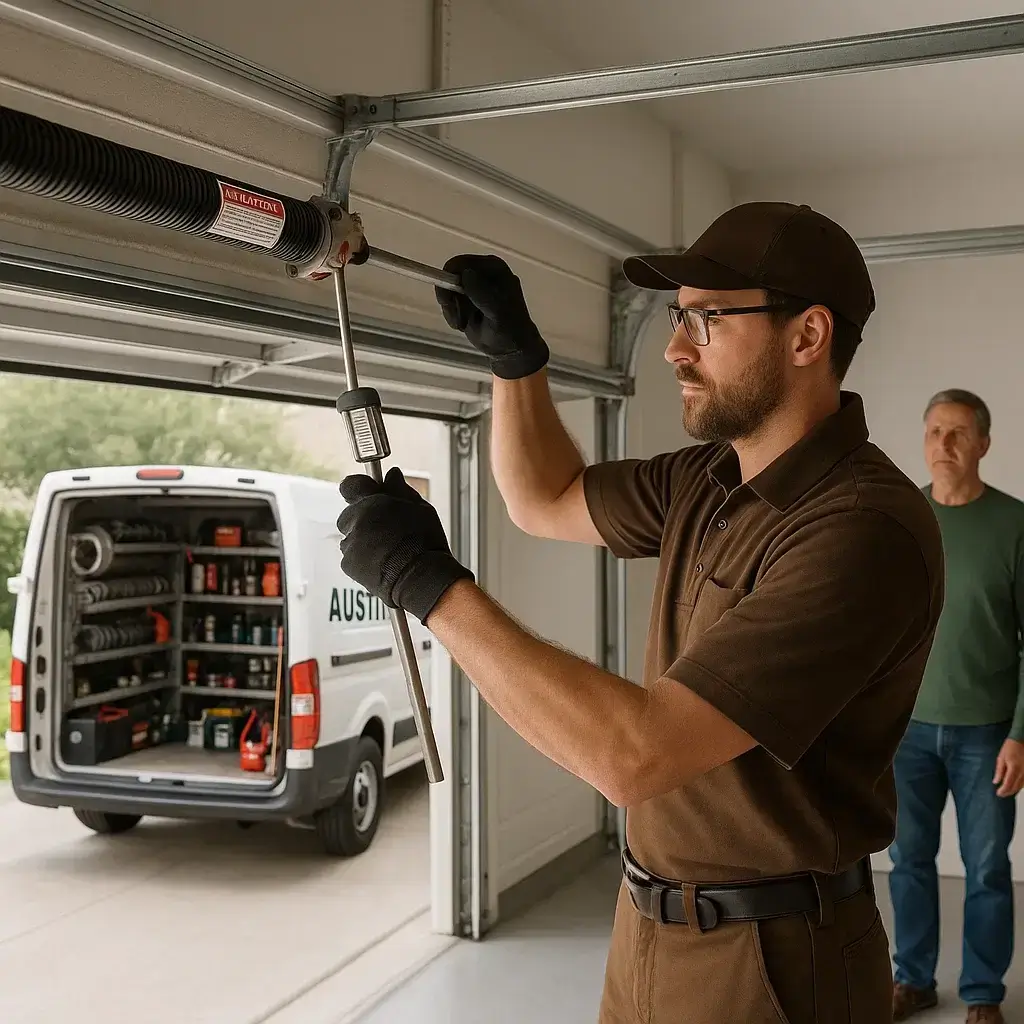 Technician installing insulated garage door panels and weatherstripping for energy efficiency in Bee Cave Texas