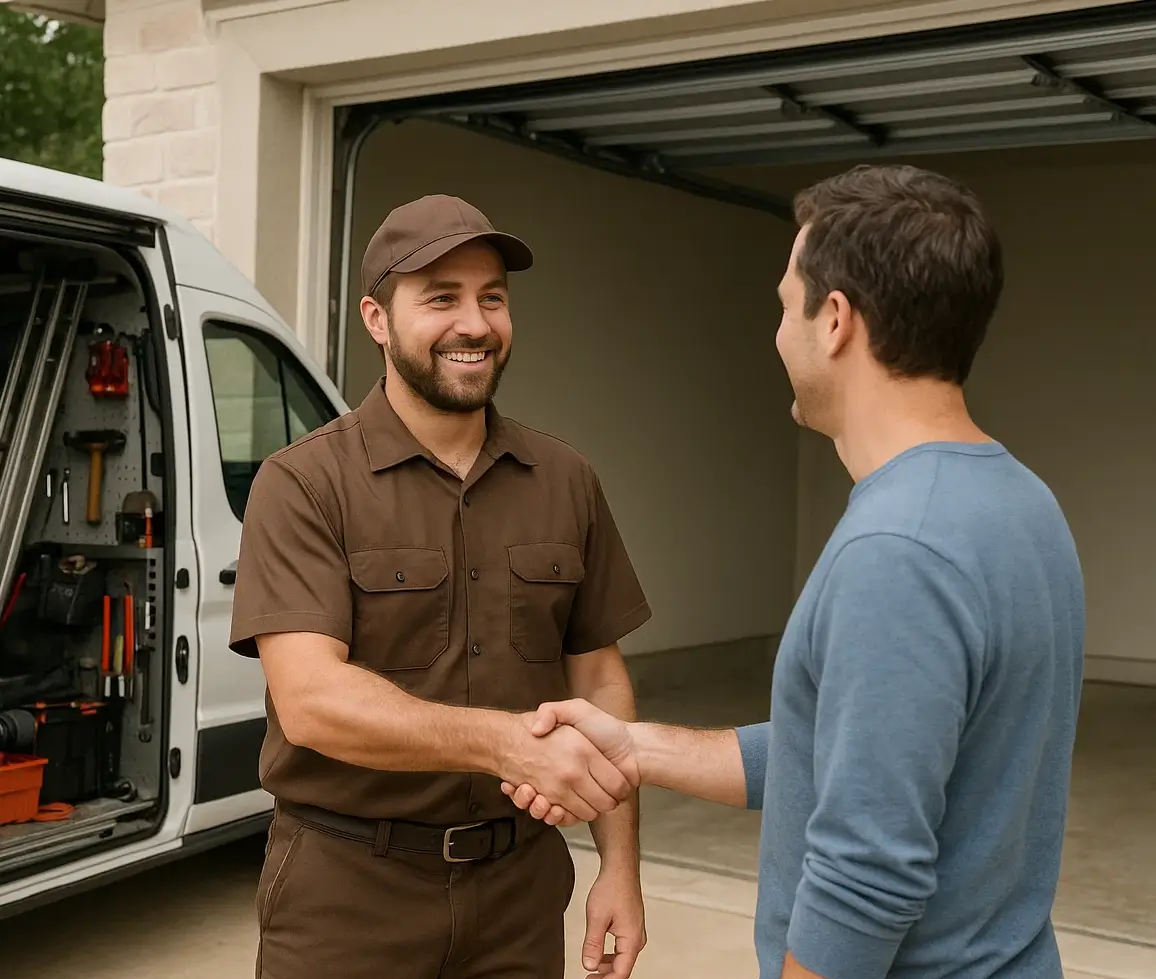 Technician installing insulated eco-friendly roll up garage door in Kyle Texas